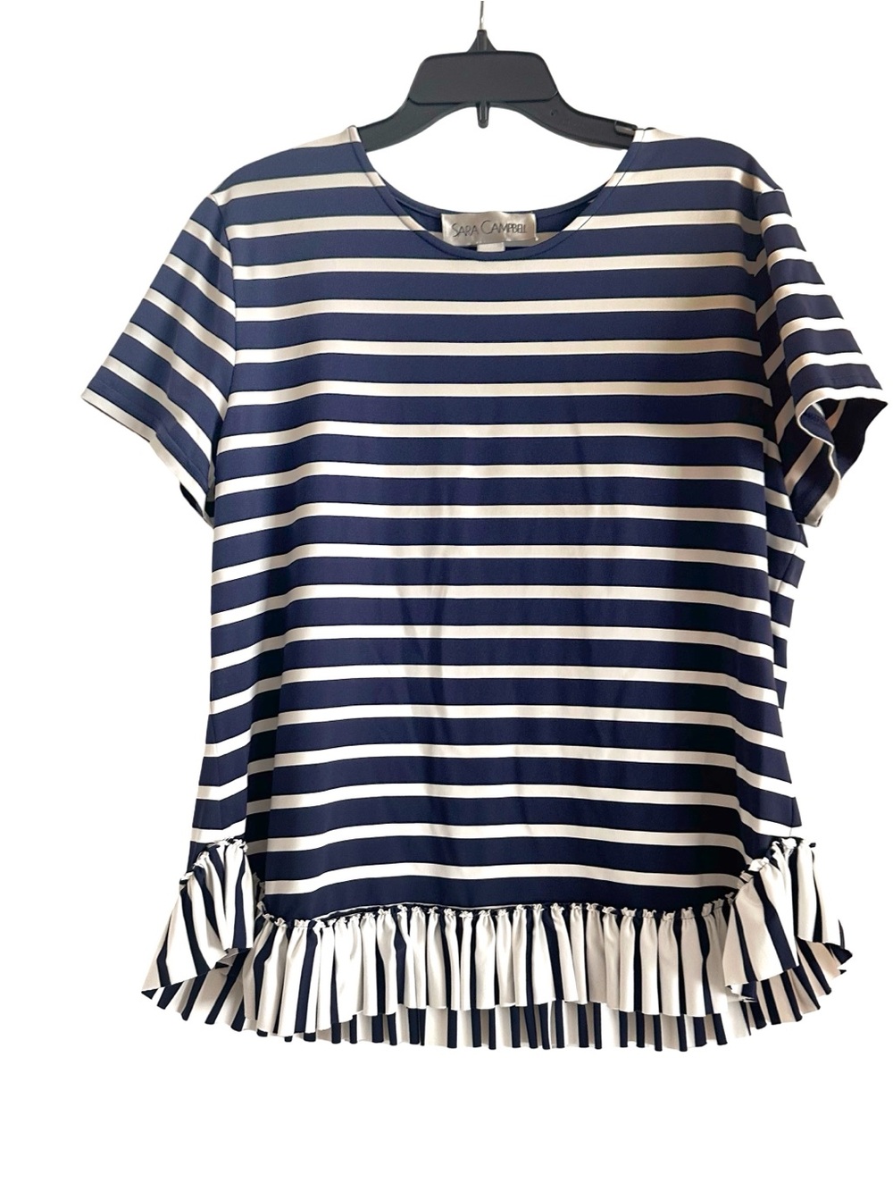 Sara Campbell Classic Navy & White Striped Ruffle Hem Crew Neck SS Top